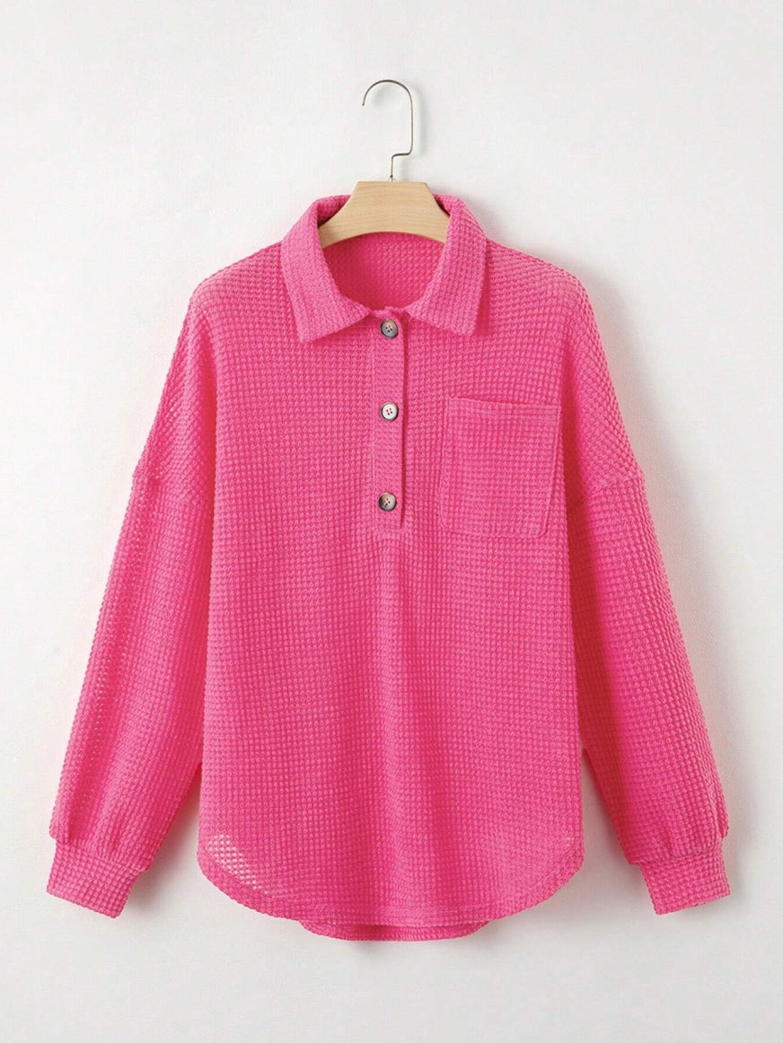 HOT SALE-WOMEN'S WAFFLE KNIT HENLEY V NECK SHIRT JACKET