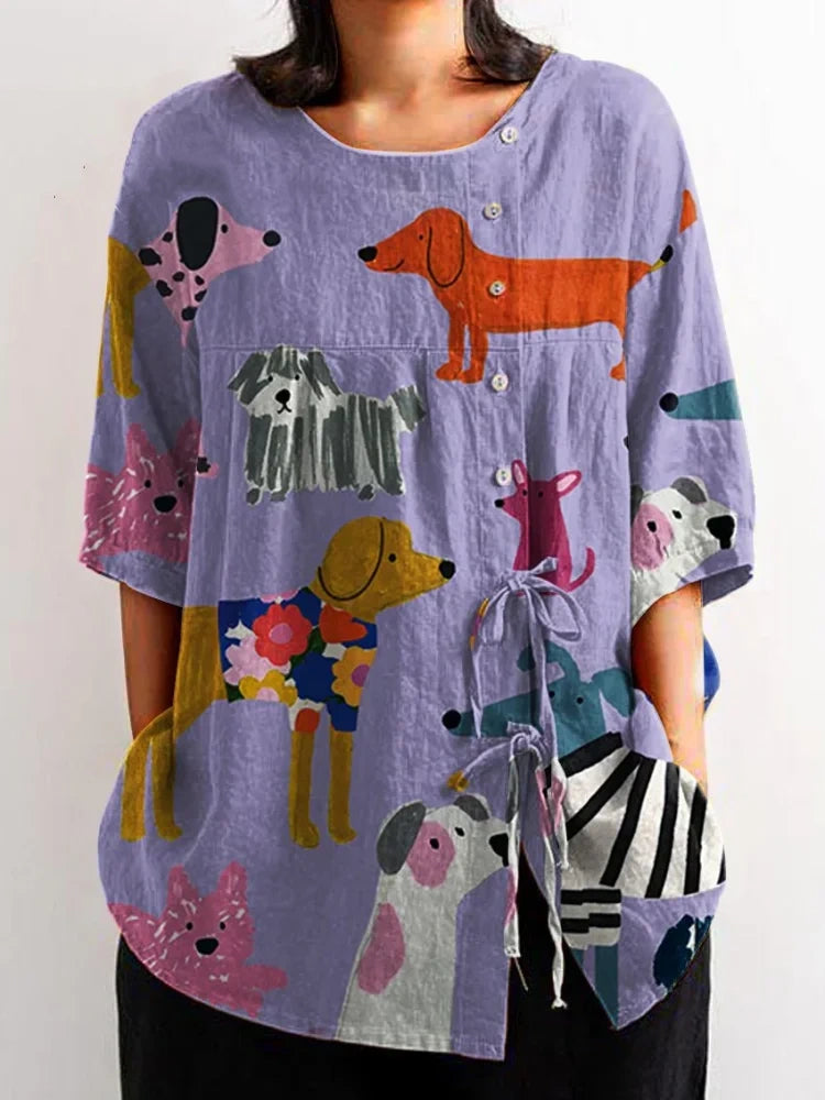 Women's Dog Art Print Linen Pocket Skirt