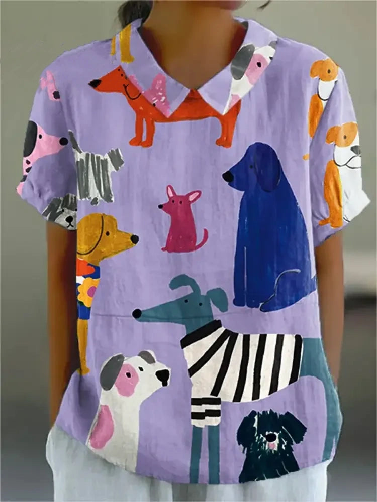 Women's Dog Art Print Linen Pocket Skirt
