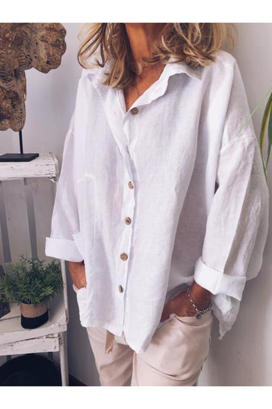 Soft Collared Neckline Plain Buttons Casual Long Sleeve Blouse