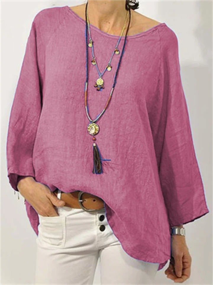 Women's Tops Solid Colour Cotton Linen Round Neck Shoulder Sleeve Nine-minute Sleeve Women's Shirt