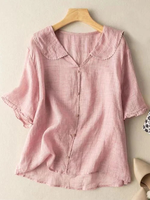 Cotton And Linen Retro Short Sleeved Navy Doll Collar Thin Shirt