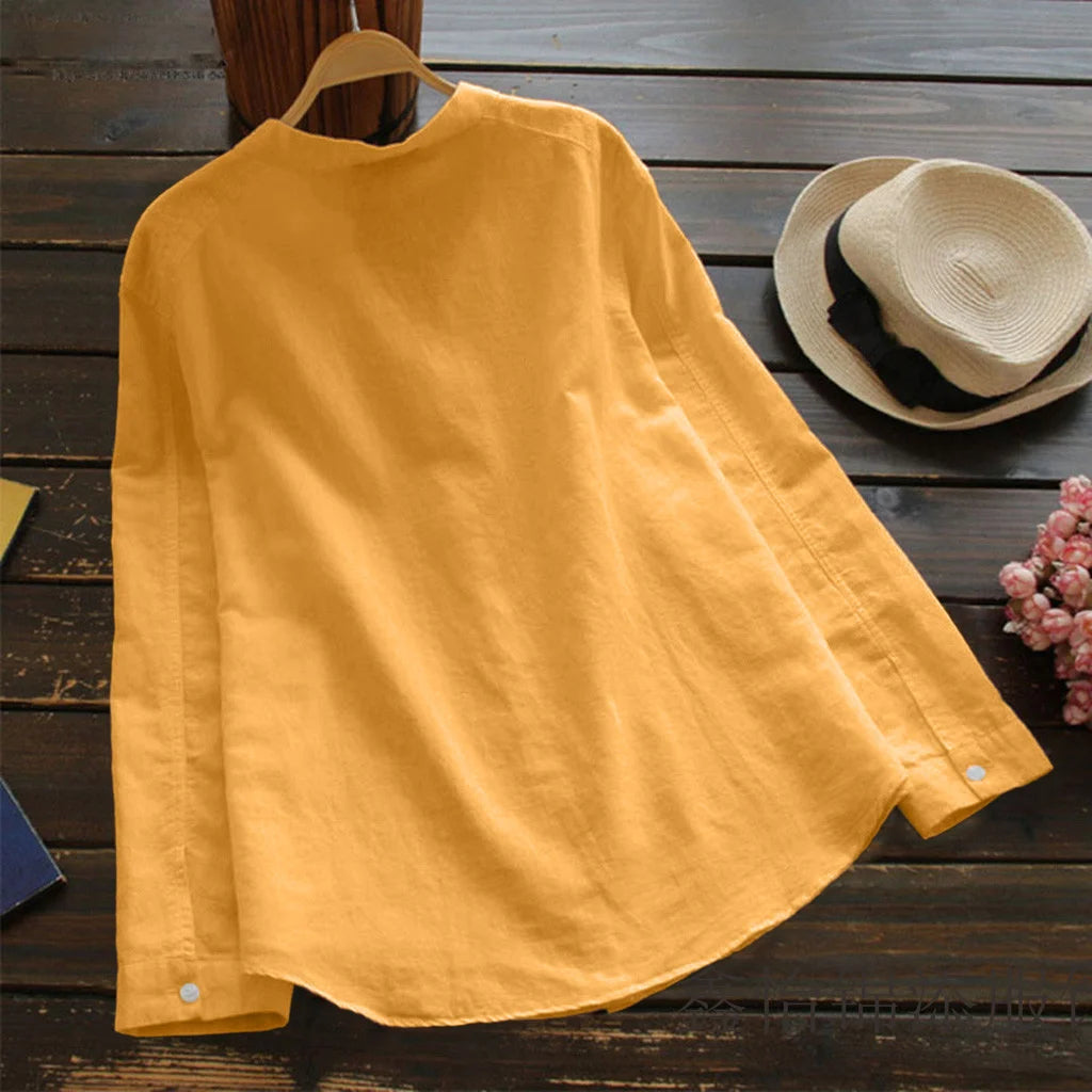 V-neck Cotton And Cat Print Long Sleeve Blouse