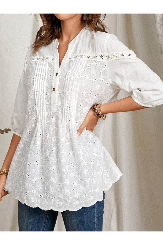 White Floral Collared 3/4 Sleeve Blouse with Buttons