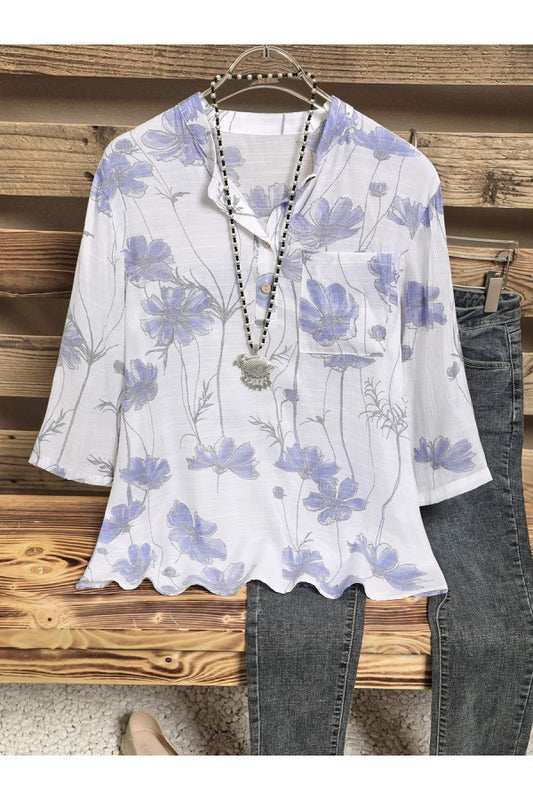 White Floral Buttons V-neck 3/4 Sleeve Blouse