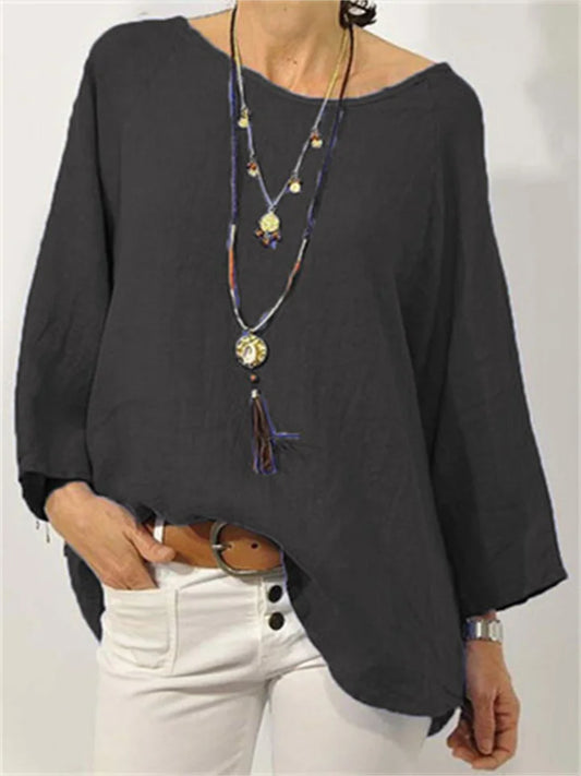 Women's Tops Solid Colour Cotton Linen Round Neck Shoulder Sleeve Nine-minute Sleeve Women's Shirt