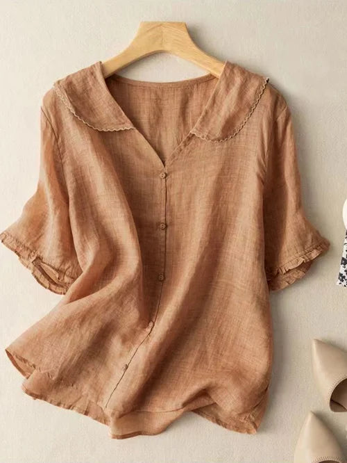 Cotton And Linen Retro Short Sleeved Navy Doll Collar Thin Shirt