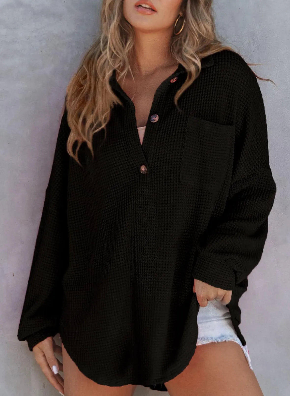 HOT SALE-WOMEN'S WAFFLE KNIT HENLEY V NECK SHIRT JACKET