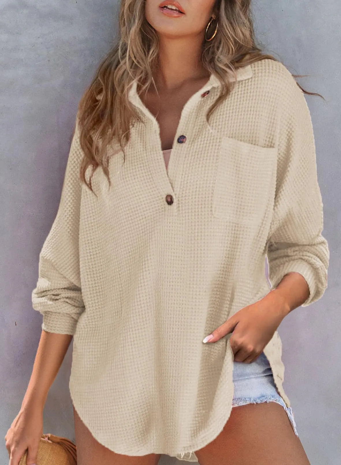 HOT SALE-WOMEN'S WAFFLE KNIT HENLEY V NECK SHIRT JACKET