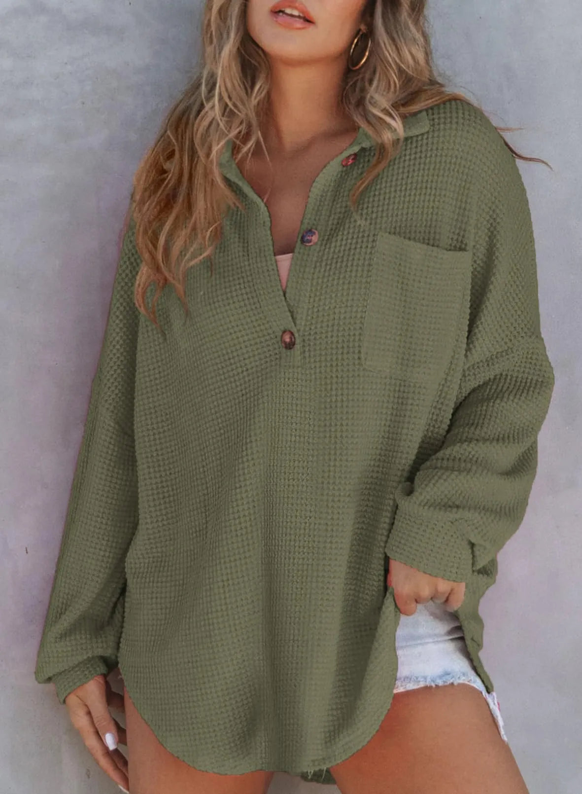 HOT SALE-WOMEN'S WAFFLE KNIT HENLEY V NECK SHIRT JACKET