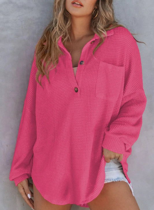 HOT SALE-WOMEN'S WAFFLE KNIT HENLEY V NECK SHIRT JACKET