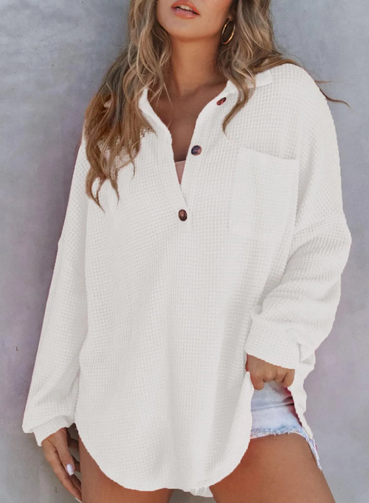 HOT SALE-WOMEN'S WAFFLE KNIT HENLEY V NECK SHIRT JACKET