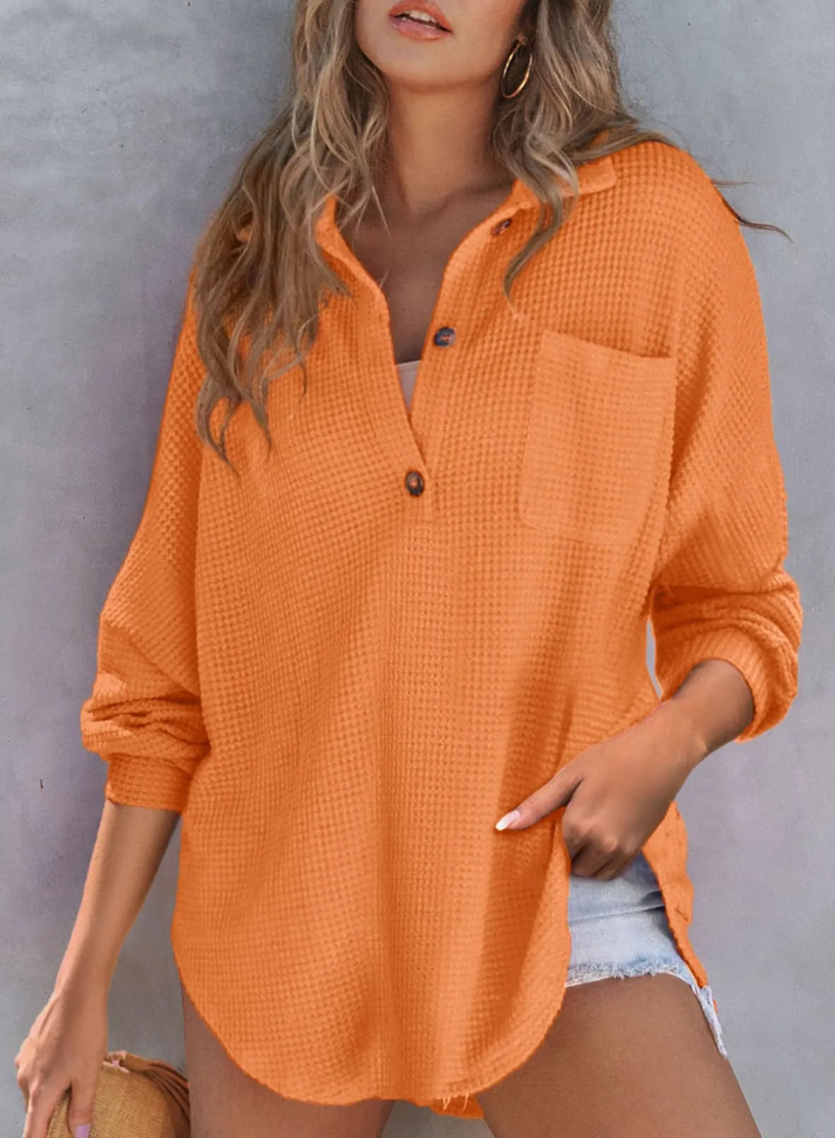 HOT SALE-WOMEN'S WAFFLE KNIT HENLEY V NECK SHIRT JACKET