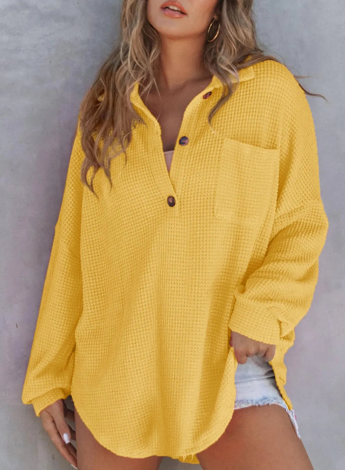 HOT SALE-WOMEN'S WAFFLE KNIT HENLEY V NECK SHIRT JACKET