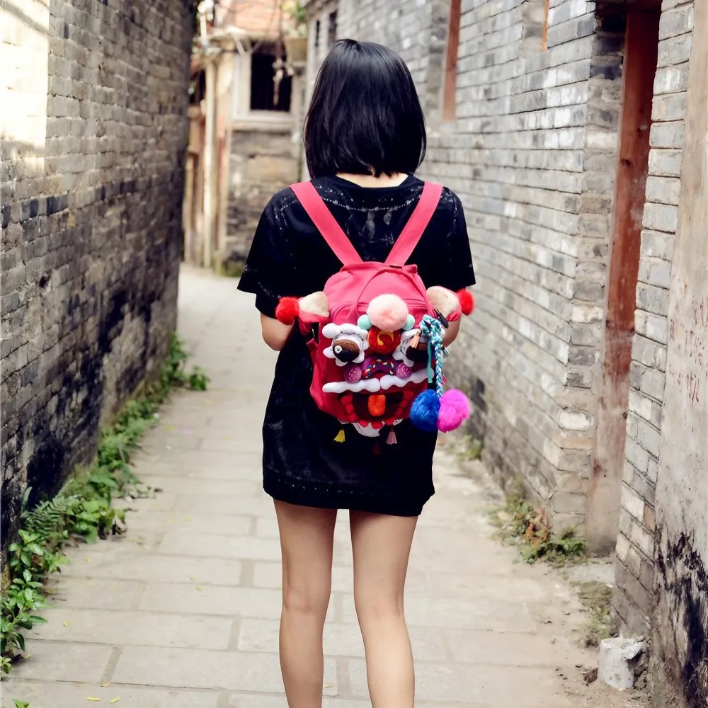 Cute Oriental Lion Dance Canvas Backpack Handmade Stylish And Casual Daypack In Rose Red