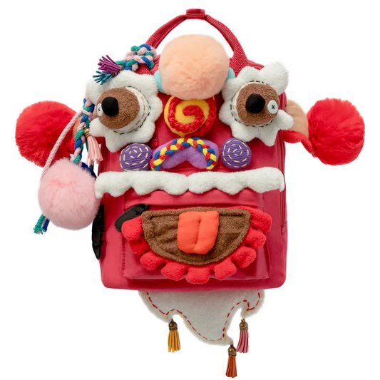 Cute Oriental Lion Dance Canvas Backpack Handmade Stylish And Casual Daypack In Rose Red