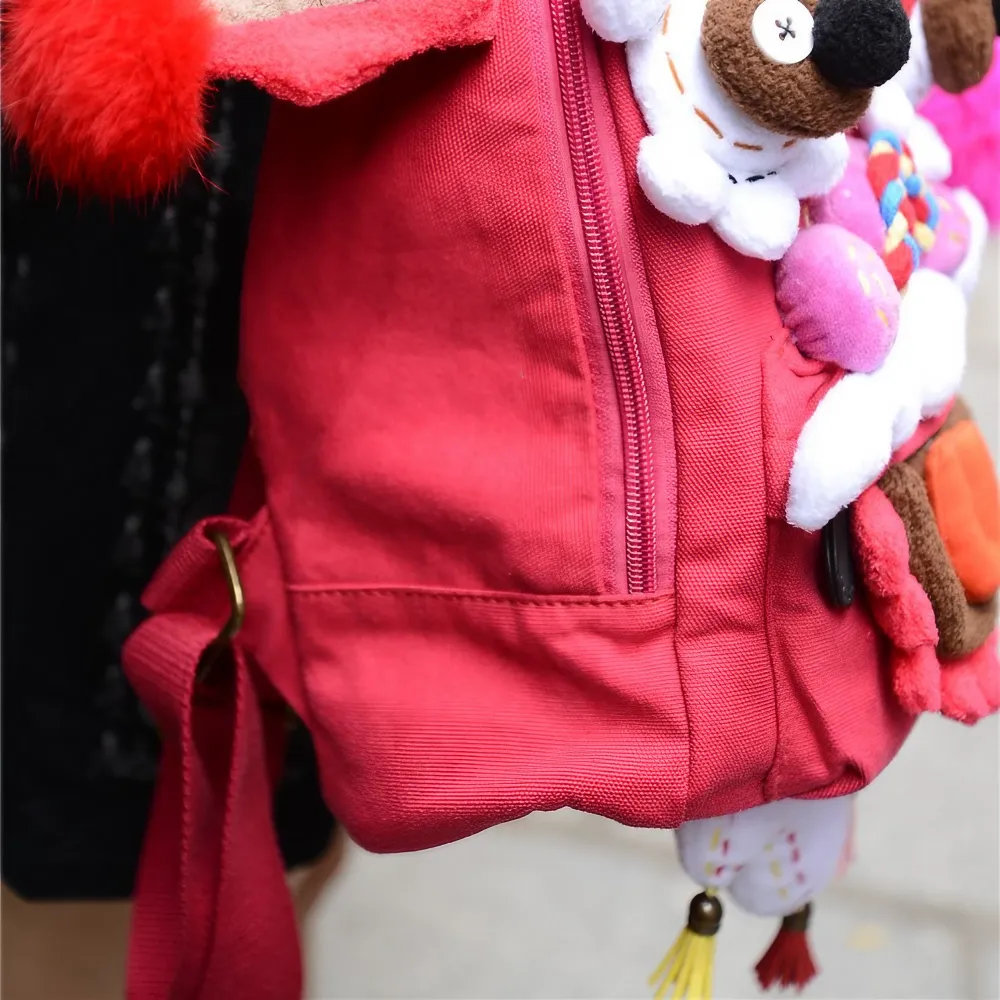 Cute Oriental Lion Dance Canvas Backpack Handmade Stylish And Casual Daypack In Rose Red