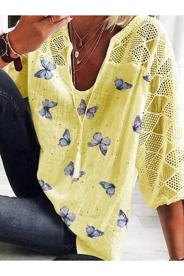 Long Sleeve V-neck Butterfly Printed Blouse with Tassel