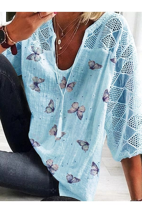 Long Sleeve V-neck Butterfly Printed Blouse with Tassel