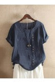 Solid Color Short Sleeve Round Neck Buttons Blouse