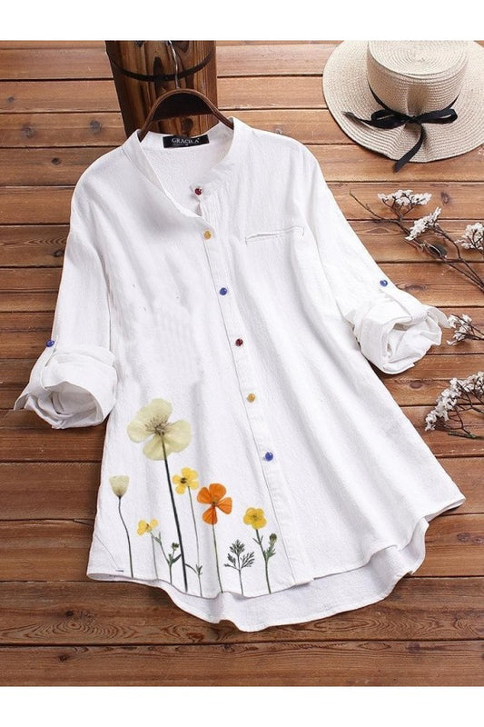 Long Sleeve Stand Collar Floral Printed Shirt With Button