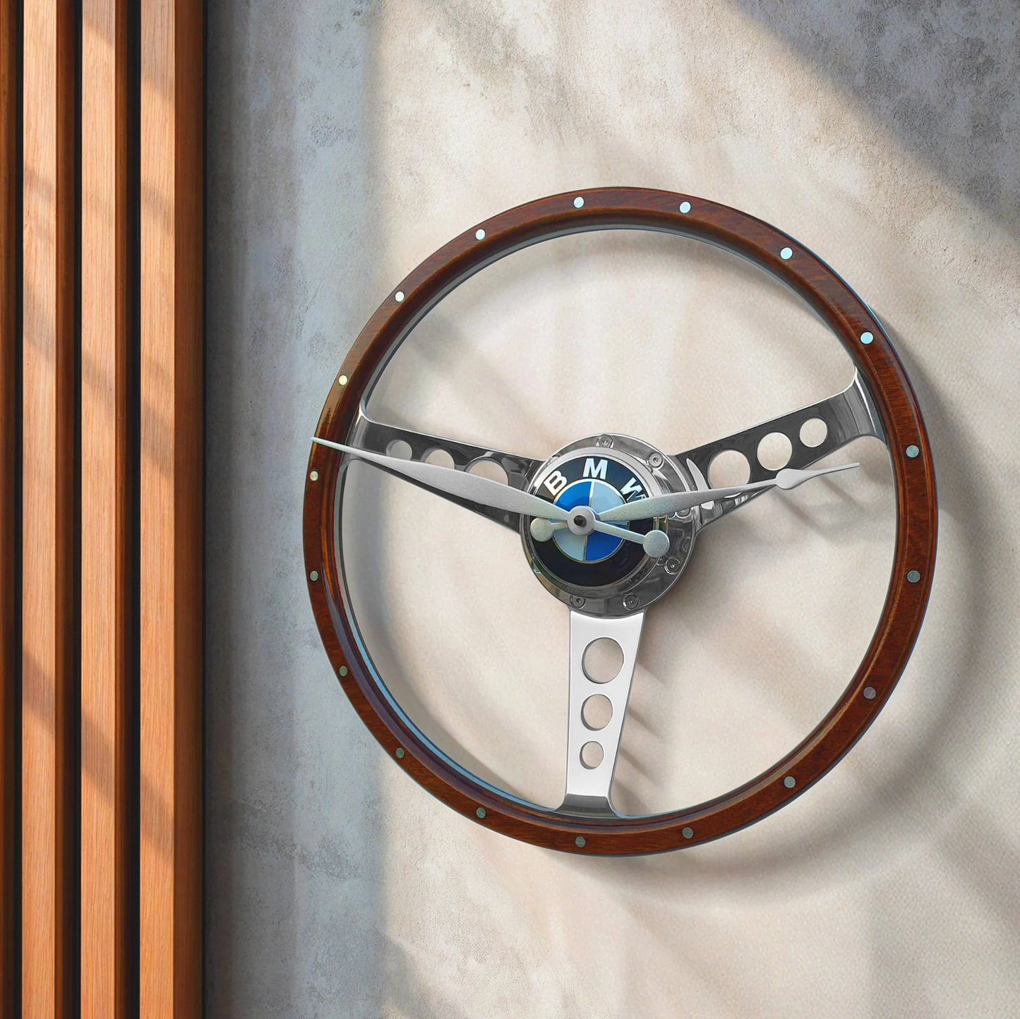 BMW THEMED, CLASSIC CAR POLISHED WOODEN STEERING WHEEL CLOCK.