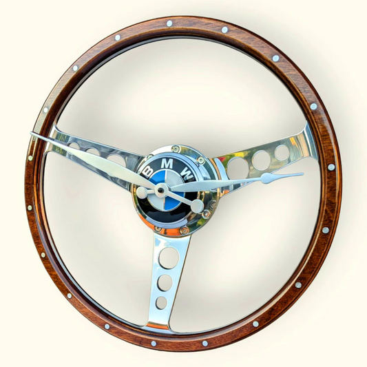 BMW THEMED, CLASSIC CAR POLISHED WOODEN STEERING WHEEL CLOCK.