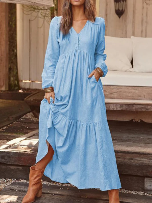 Women's Vintage Cotton Linen Long Sleeve Dress