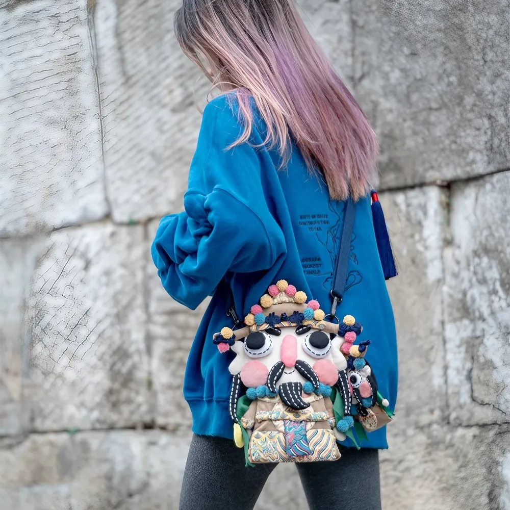 Cute And Unique God Of Wealth Shoulder Bag Cotton Material Casual And Phone Bag - Handmade