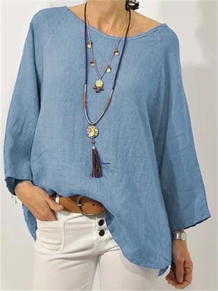 Women's Tops Solid Colour Cotton Linen Round Neck Shoulder Sleeve Nine-minute Sleeve Women's Shirt