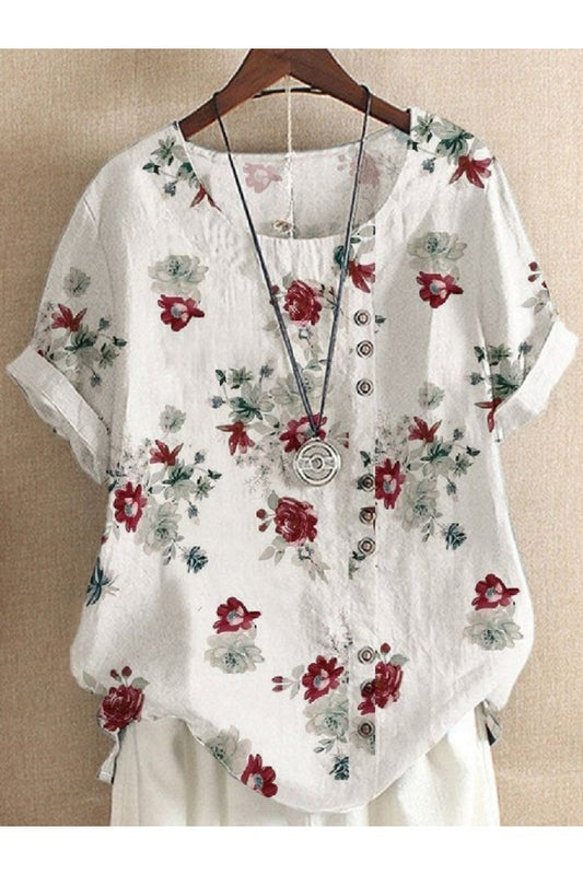 White Casual Round Neck Floral Printed Short Sleeve Blouse