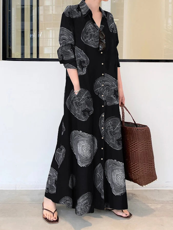 Women's Cotton Linen Vintage Print Casual Loose Dress