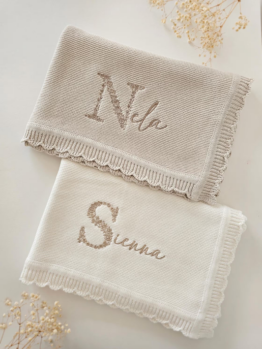Luxury Embroidered Baby Blanket, Personalised Floral Heirloom, Shower Gift, Newborn Coming Home Outfit, Birth Name Annoucement, Scalloped