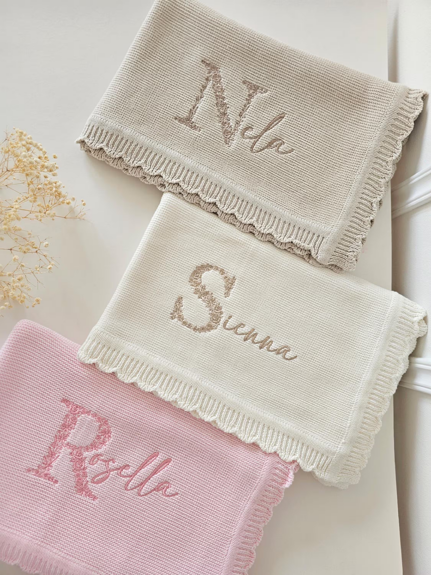 Luxury Embroidered Baby Blanket, Personalised Floral Heirloom, Shower Gift, Newborn Coming Home Outfit, Birth Name Annoucement, Scalloped
