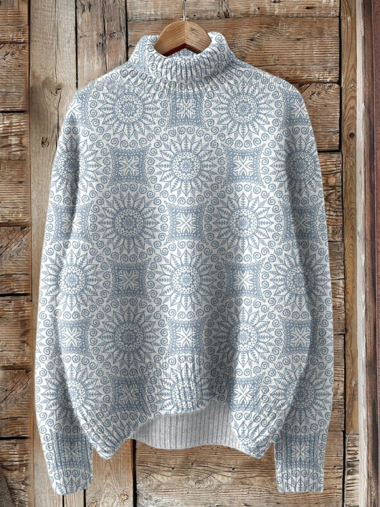 Bohemian Style Geometric Pattern Printed Knit Turtleneck Pullover Sweater