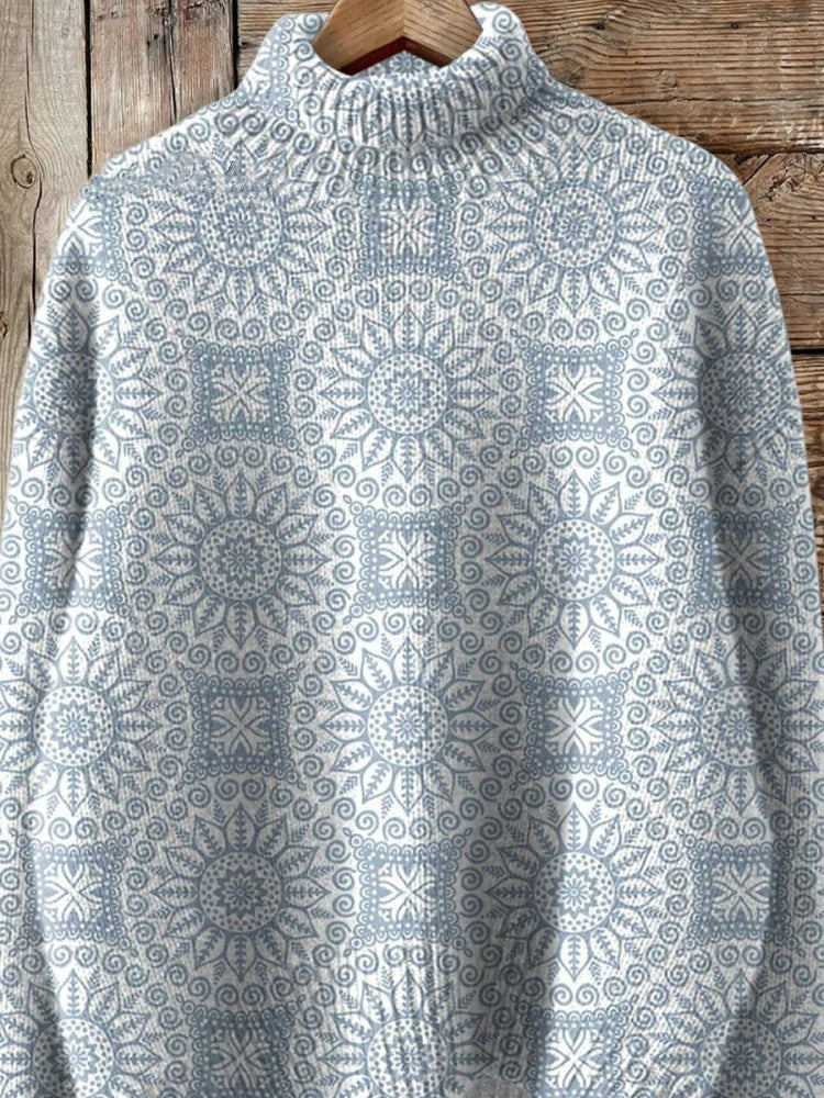 Bohemian Style Geometric Pattern Printed Knit Turtleneck Pullover Sweater