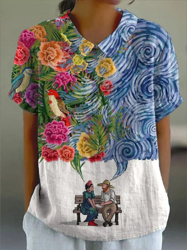 Women's Vintage Frida Kahlo And Vincent Van Gogh Print Casual Cotton And Linen Shirt