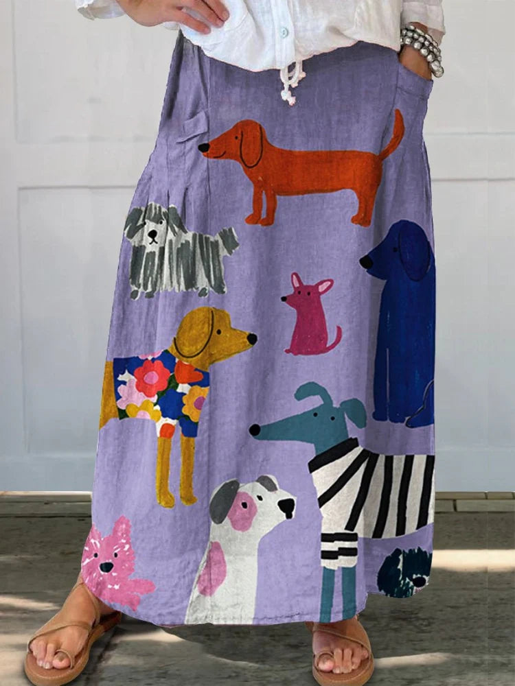 Women's Dog Art Print Linen Pocket Skirt