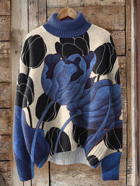 Blue Tulips Retro Print Knit Turtleneck Pullover Sweater