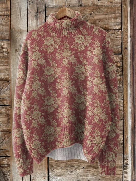 Vintage Style Floral Pattern Printed Knit Turtleneck Pullover Sweater