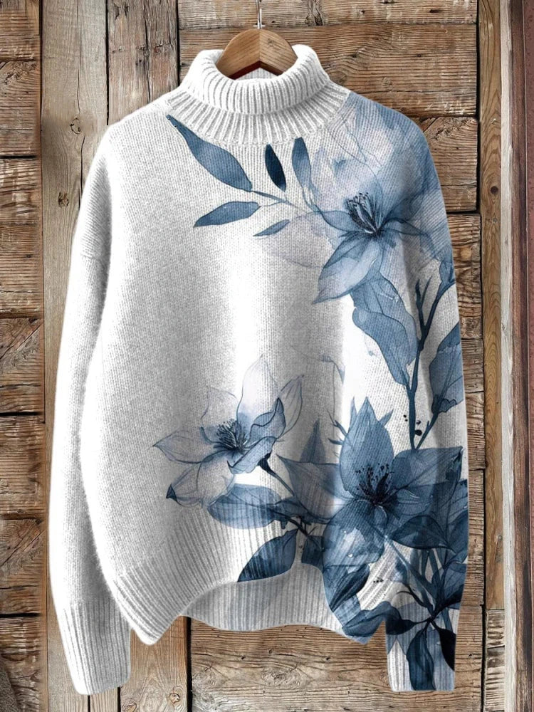 Ink Flowers Retro Print Knit Turtleneck Pullover Sweater