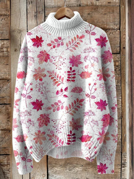 Vintage Lovely Fall Leaves Art Print Knit Turtleneck Pullover Sweater