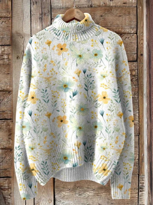 Lovely Meadows Floral Pattern Printed Knit Turtleneck Pullover Sweater