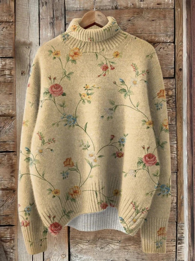 Vintage Lovely Floral Art Print Knit Turtleneck Pullover Sweater