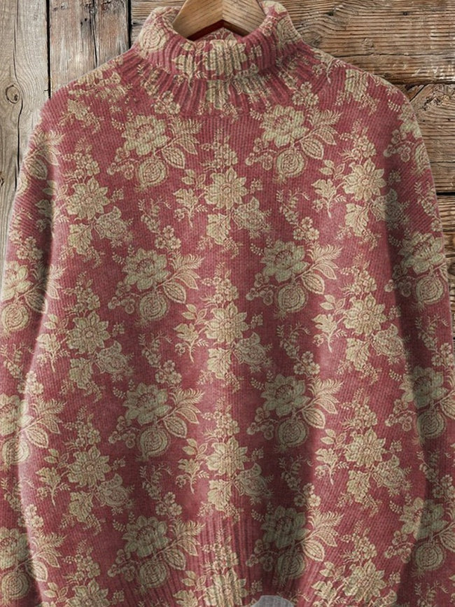 Vintage Style Floral Pattern Printed Knit Turtleneck Pullover Sweater