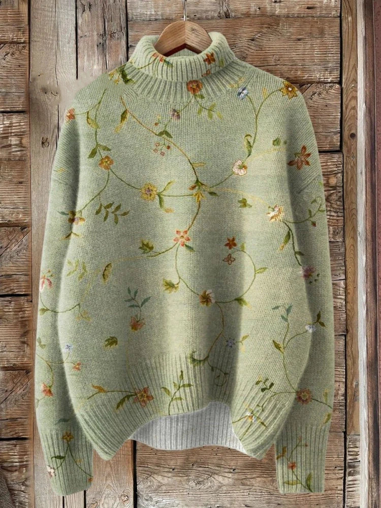 Vintage Lovely Floral Art Print Knit Turtleneck Pullover Sweater