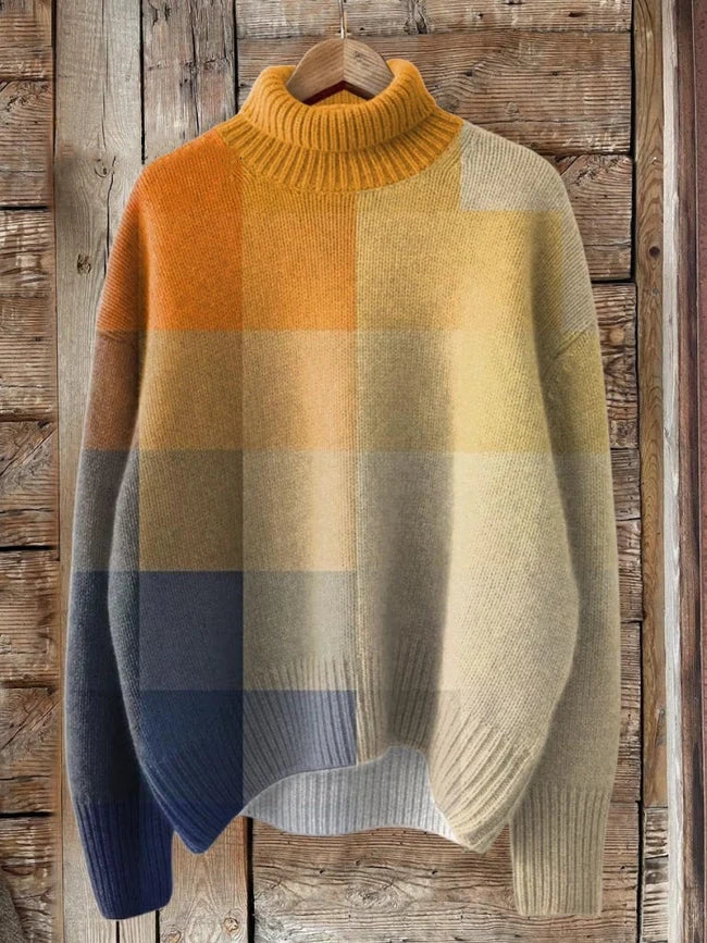 Grid Gradient Mosaic Print Knit Turtleneck Pullover Sweater