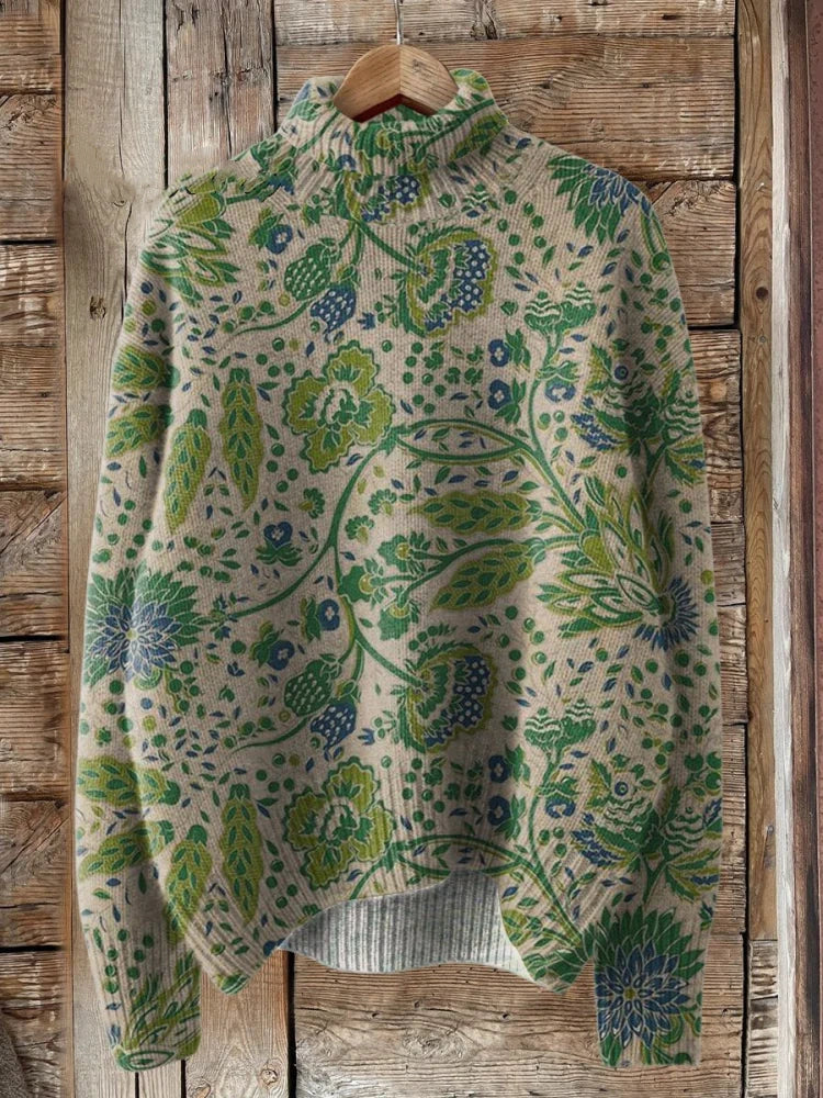 Floral Art Print Knitted Turtleneck Sweatshirt