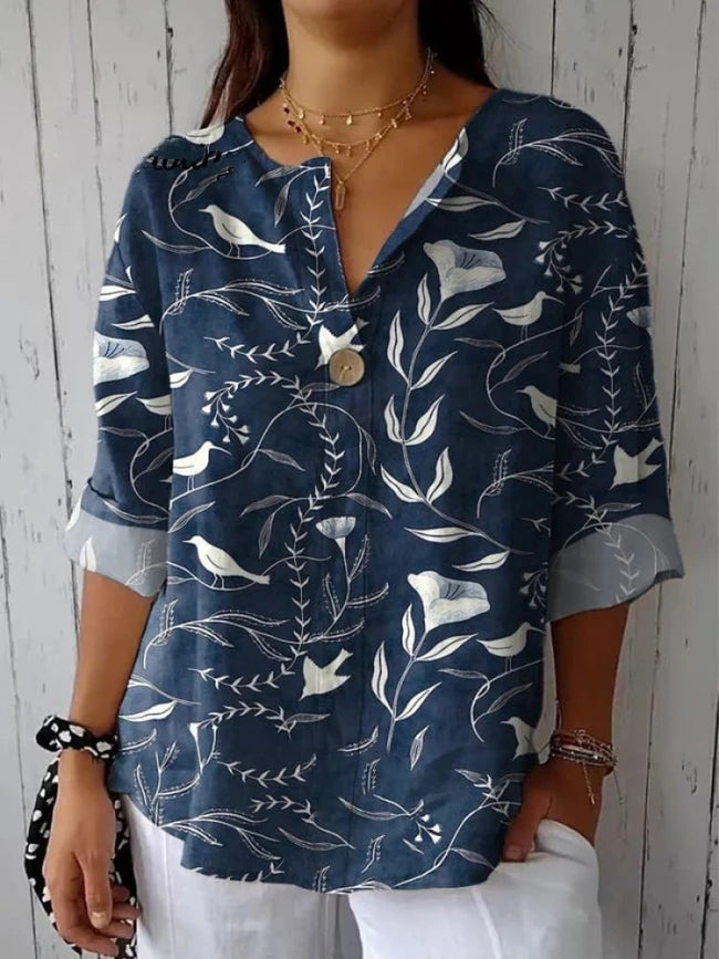 Women's Flower And Bird Art Print Casual Cotton Shirt